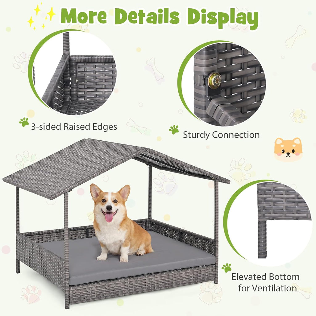 giantex outdoor wicker dog house with roof canopy, front angle view