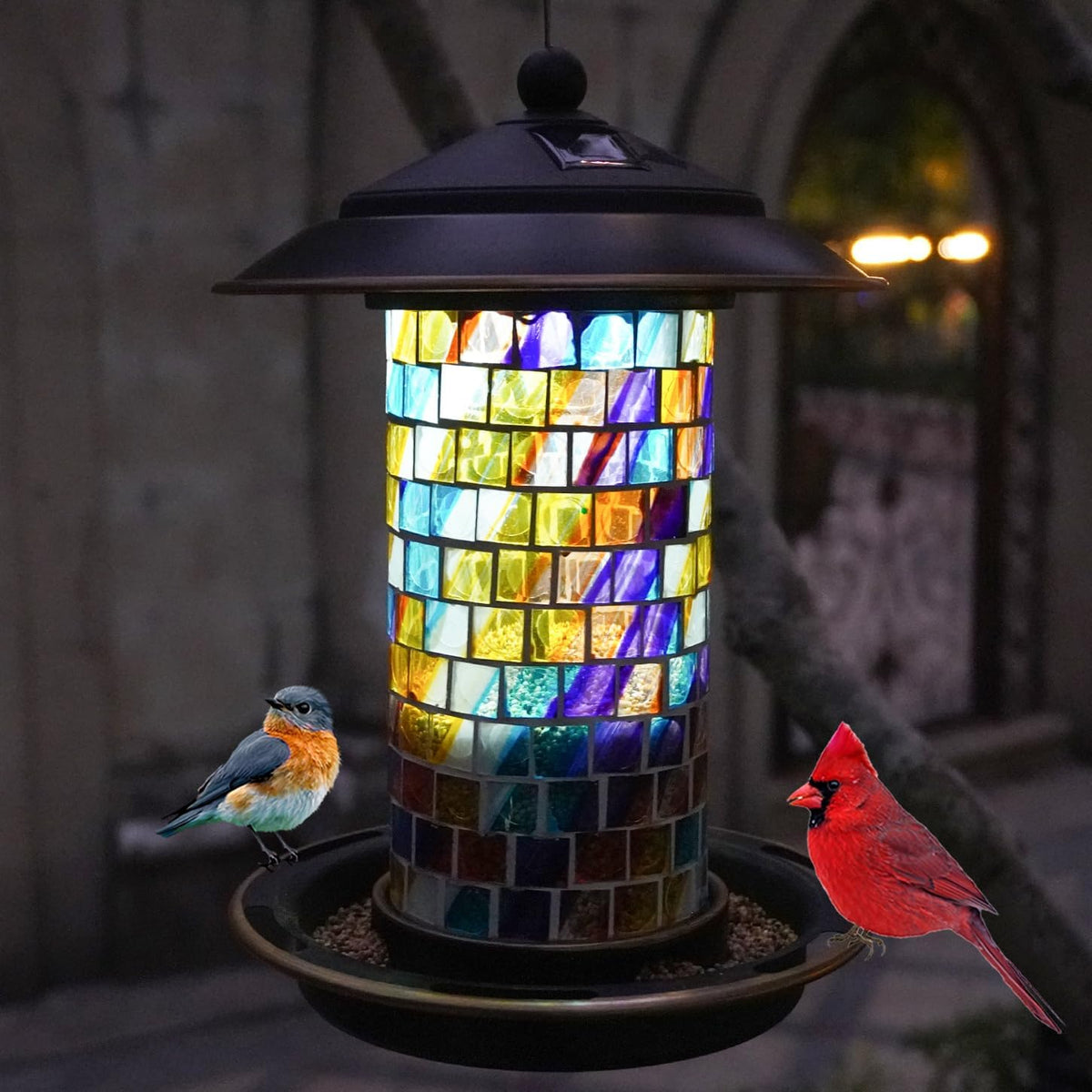 solar bird feeder with stained glass, easy clean, main product view