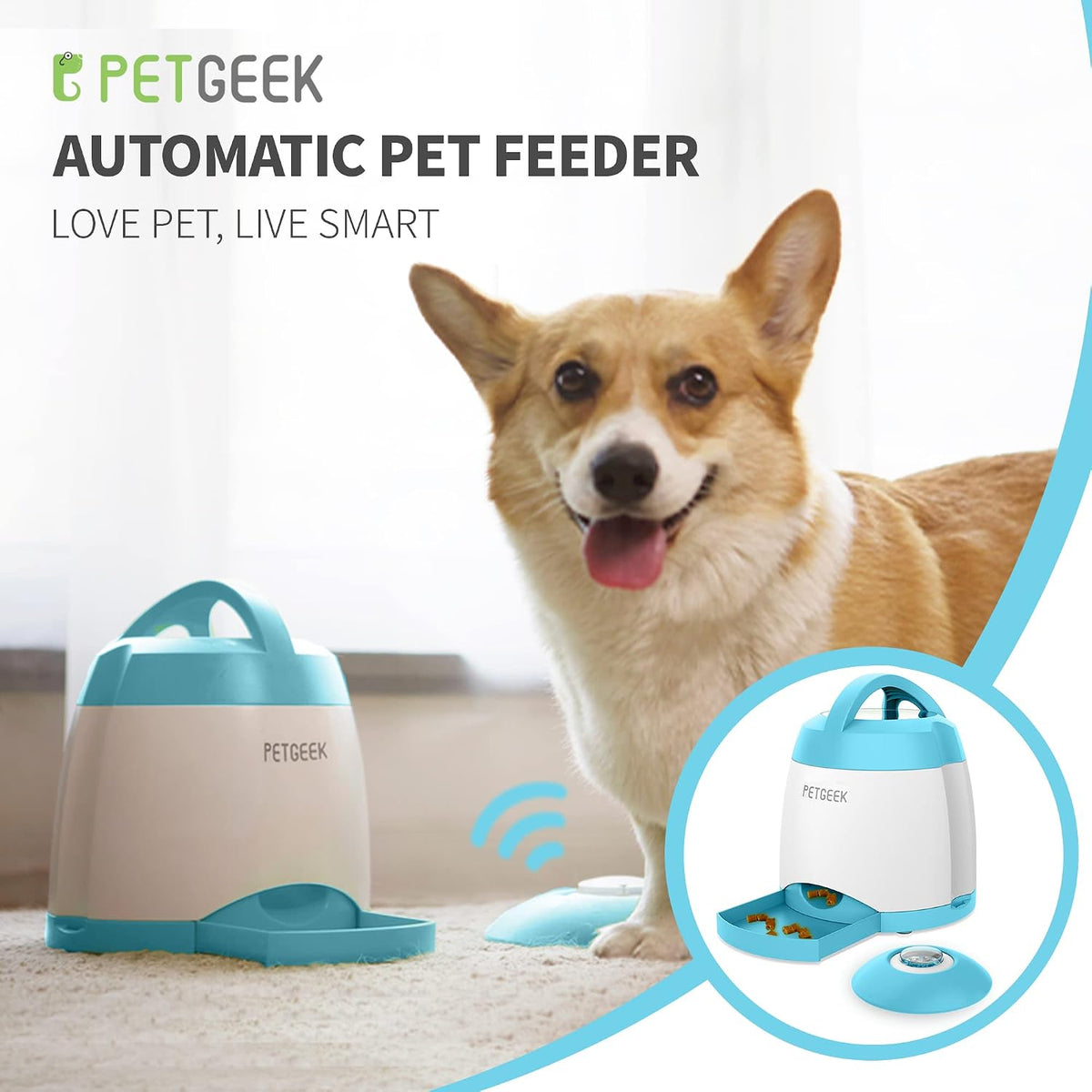 petgeek dog treat dispenser with button, automatic dog, side view