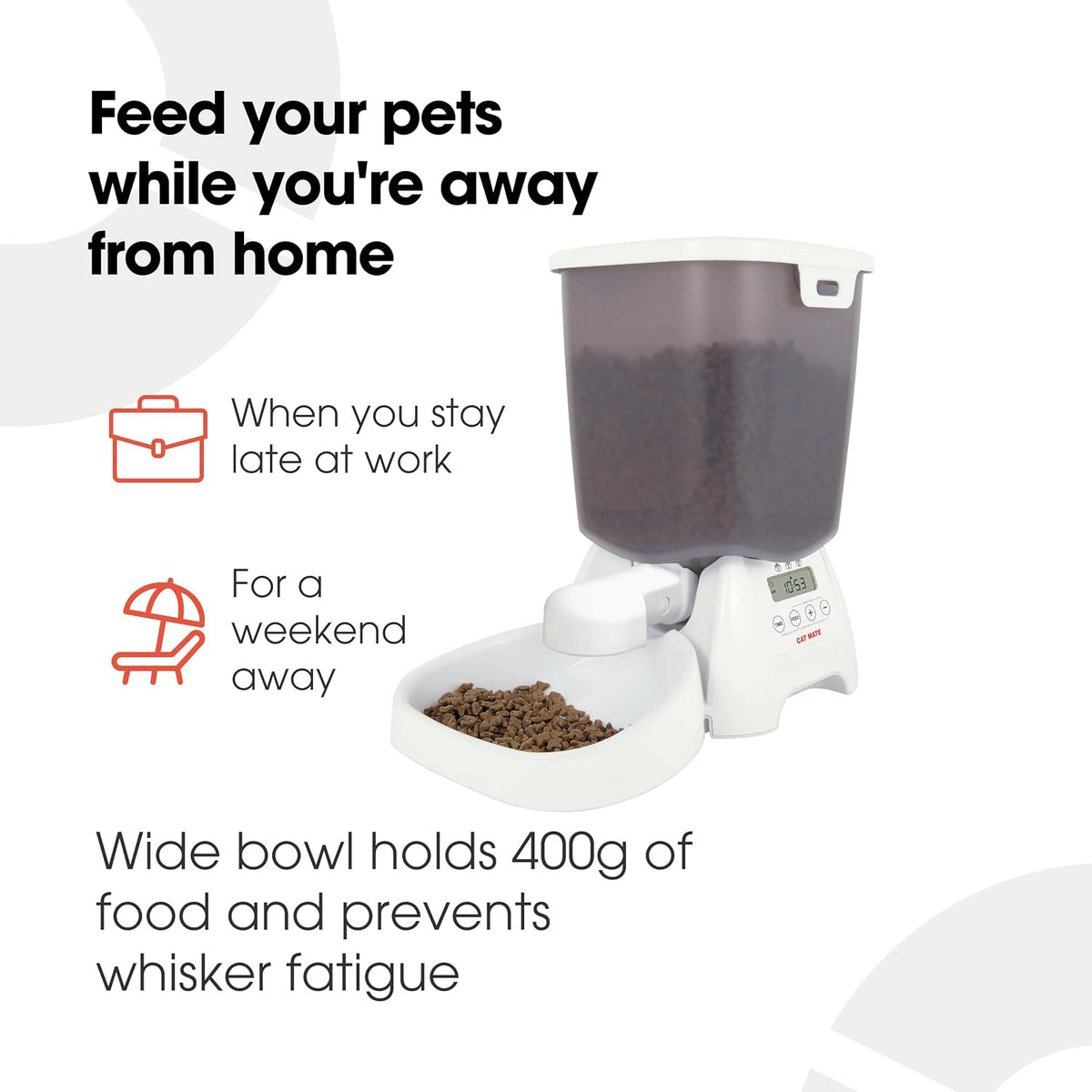 cat mate multi-meal automatic dry food dispenser, 3kg, side view