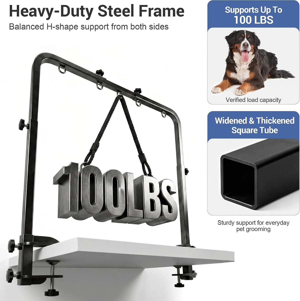 dog grooming table arm, h-frame with dual clamps showing dimensions