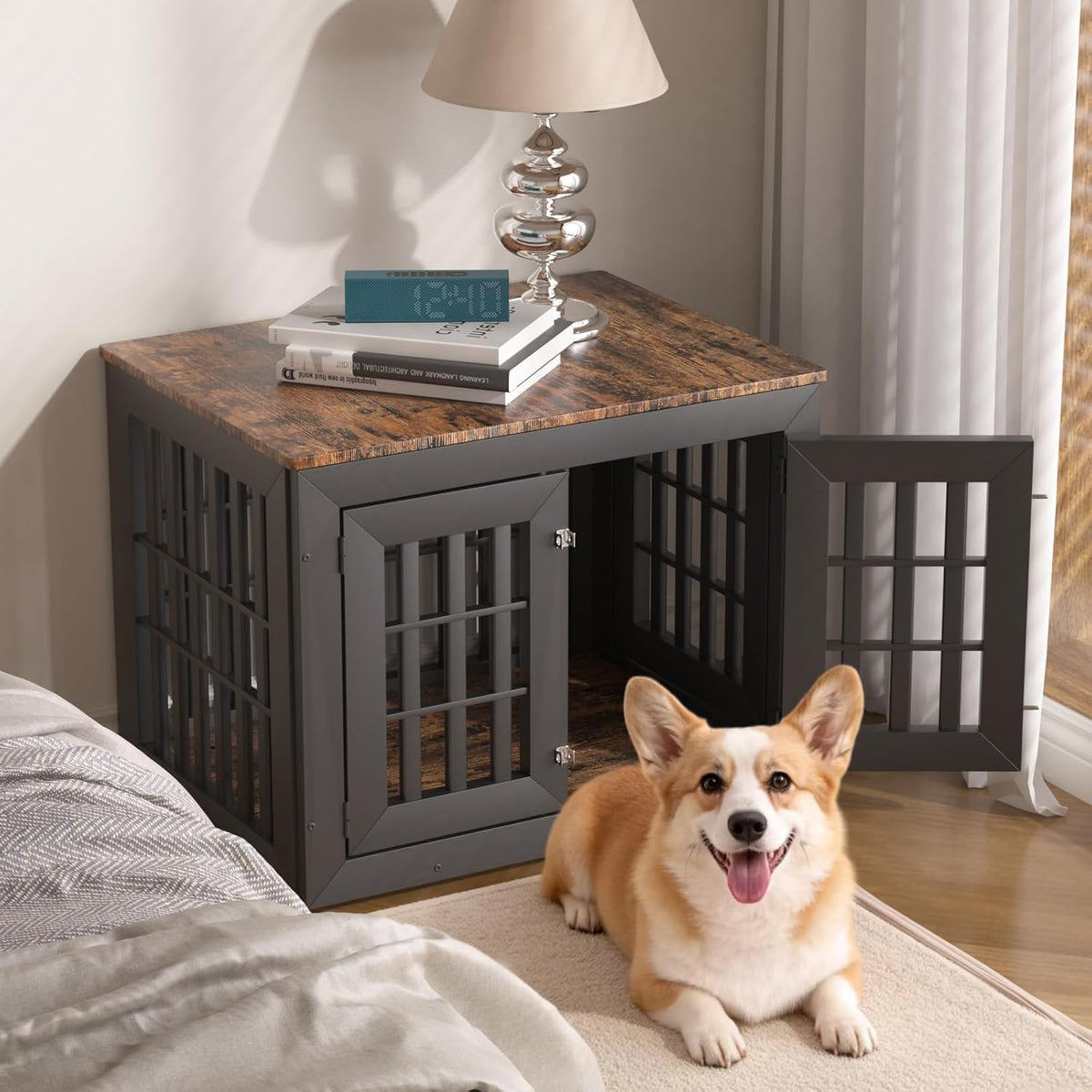 snuowu 32" heavy-duty dog crate furniture for small/medium on a desk or shelf