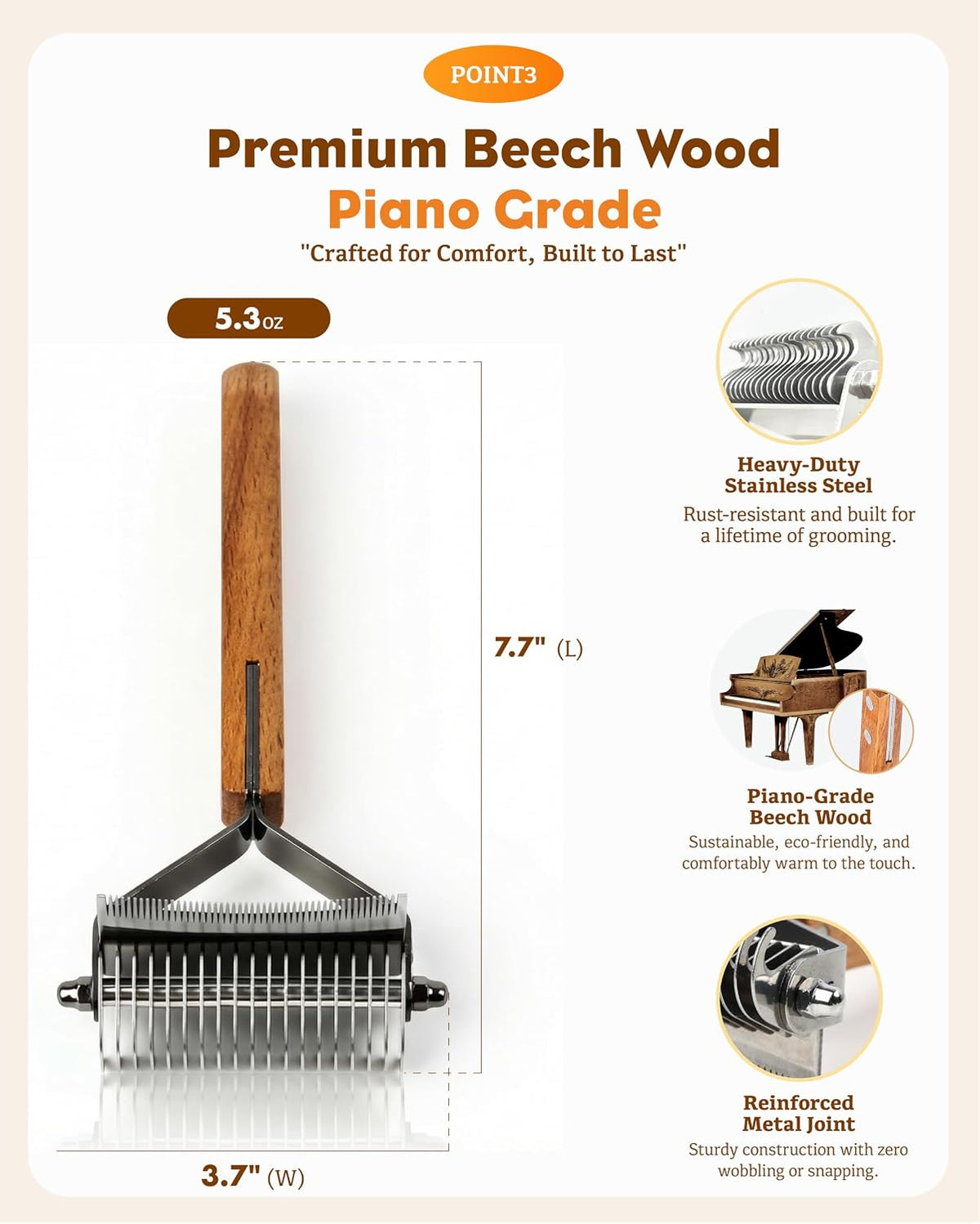 deshedding & dematting brush for cats, cat brush showing dimensions
