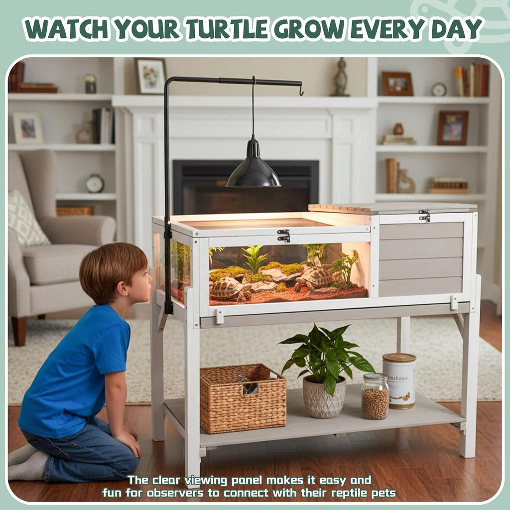 large tortoise enclosure with adjustable lamp stand and, side view