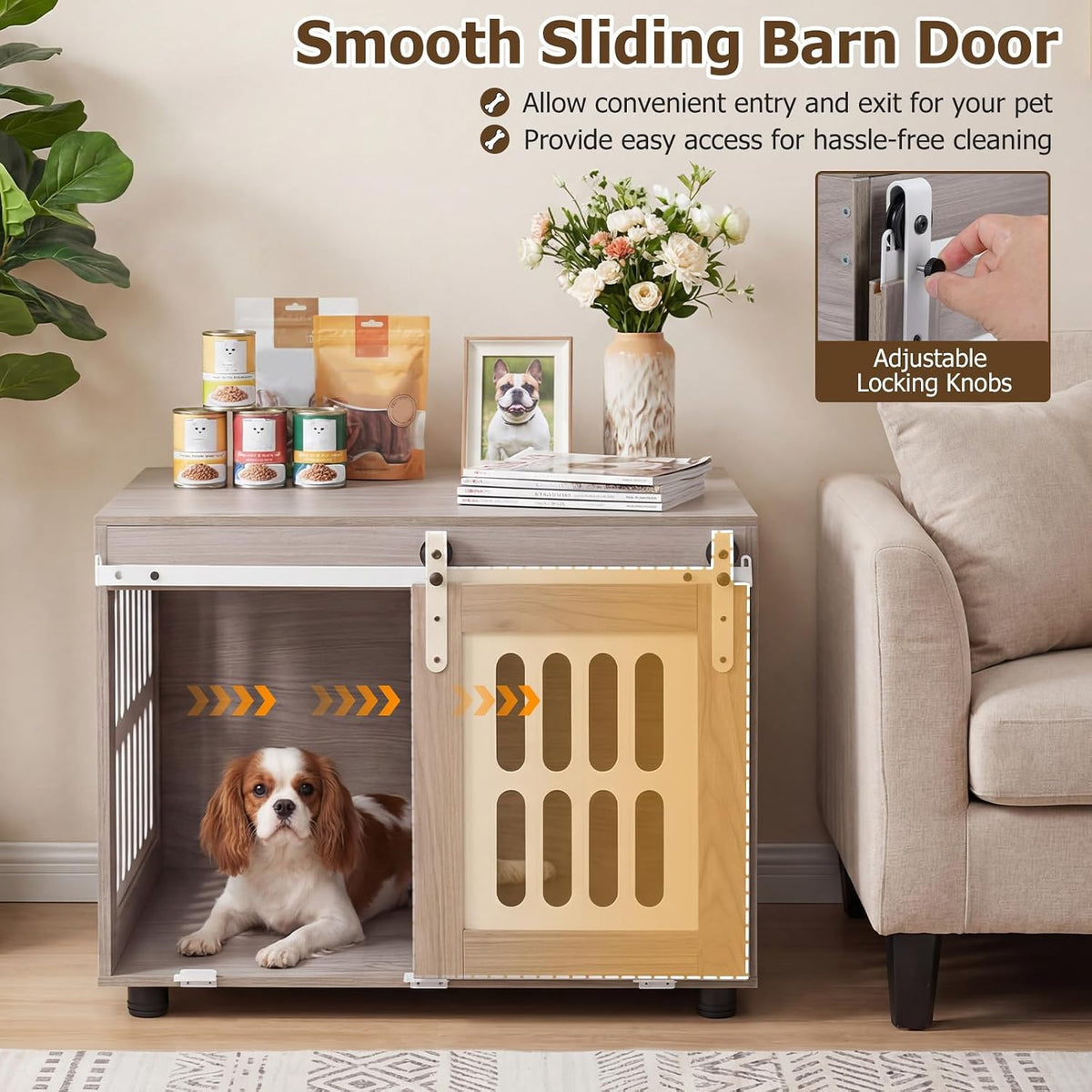 petsite farmhouse wooden dog crate furniture with sliding showing dimensions
