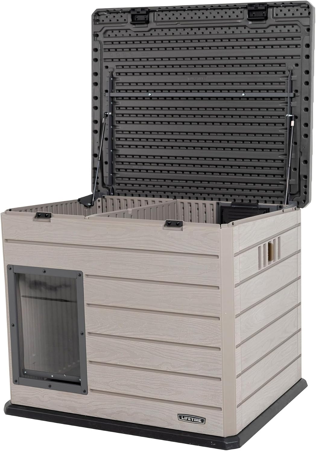 lifetime deluxe dog house, weather protected with adjustable shown in use
