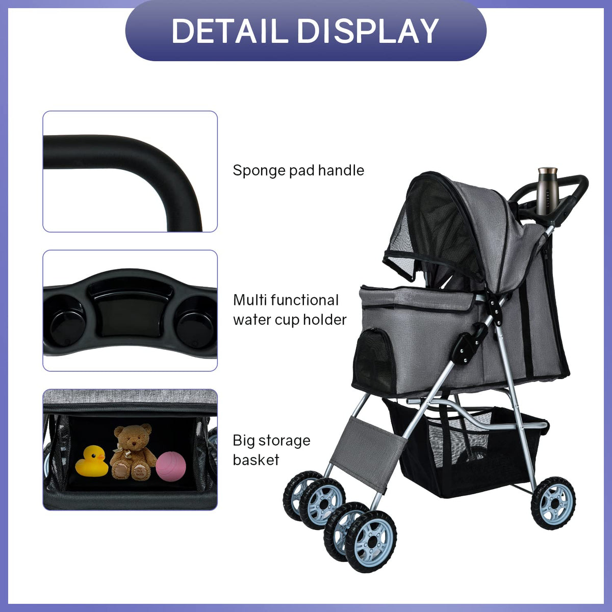 bestpet | 4-wheel foldable pet stroller | grey, side view