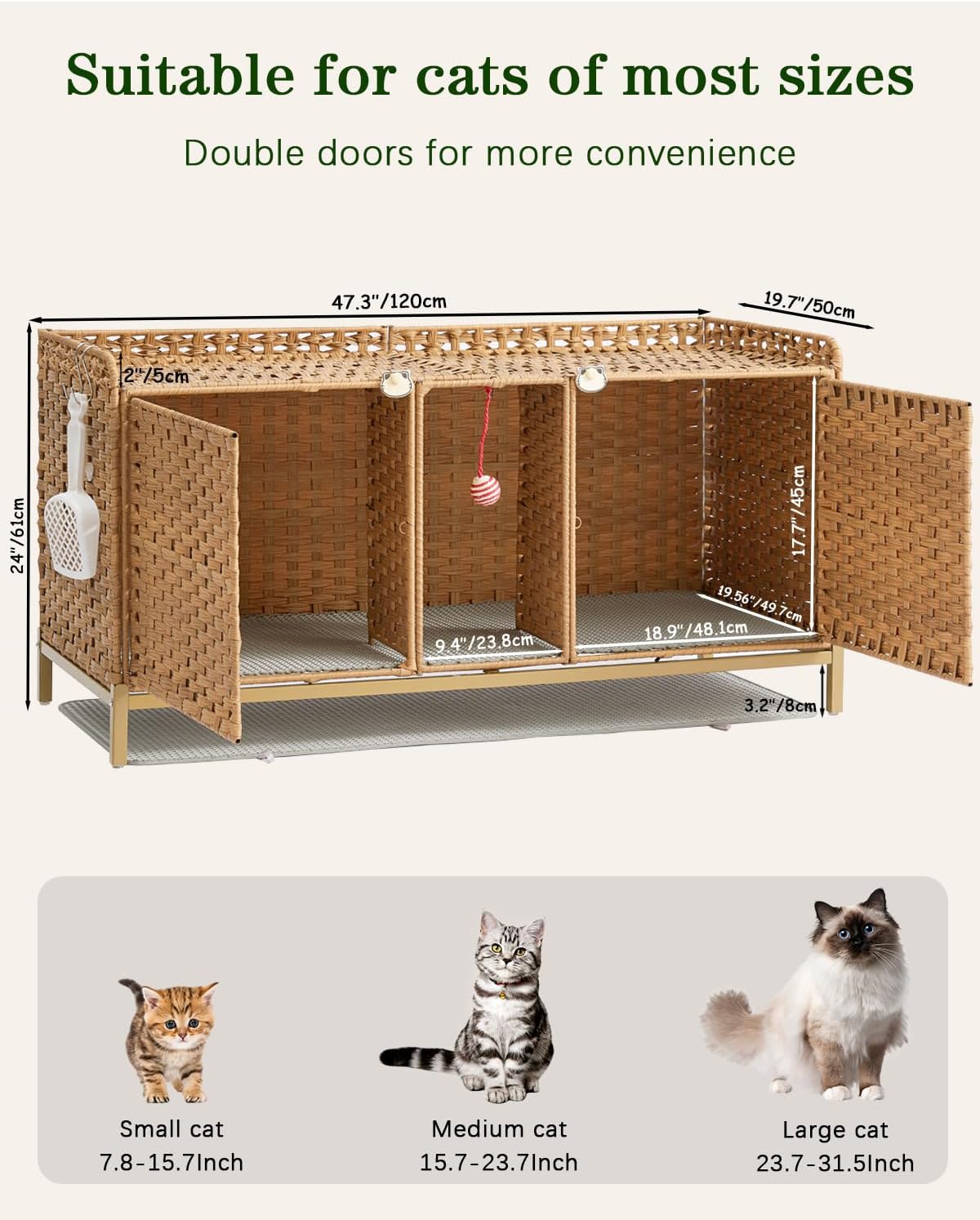setvson cat litter box enclosure for 2 cats showing dimensions