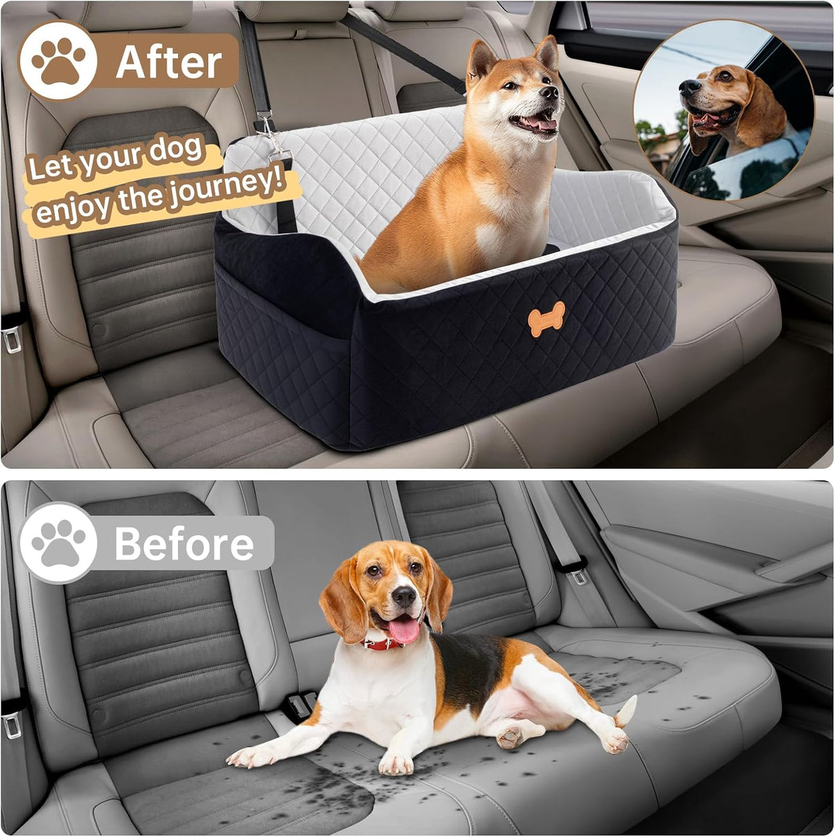 car seat for large size dog, booster seat shown in use