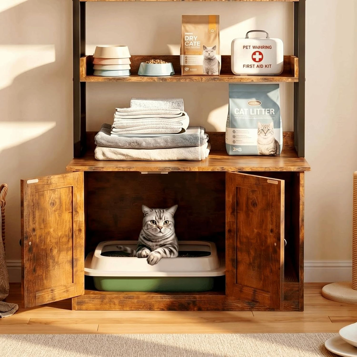ironck litter box enclosure with 4 shelves and showing dimensions