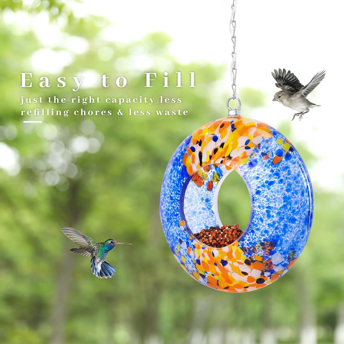 vcuteka glass bird feeder, fly through solar birdfeeders, close-up detail