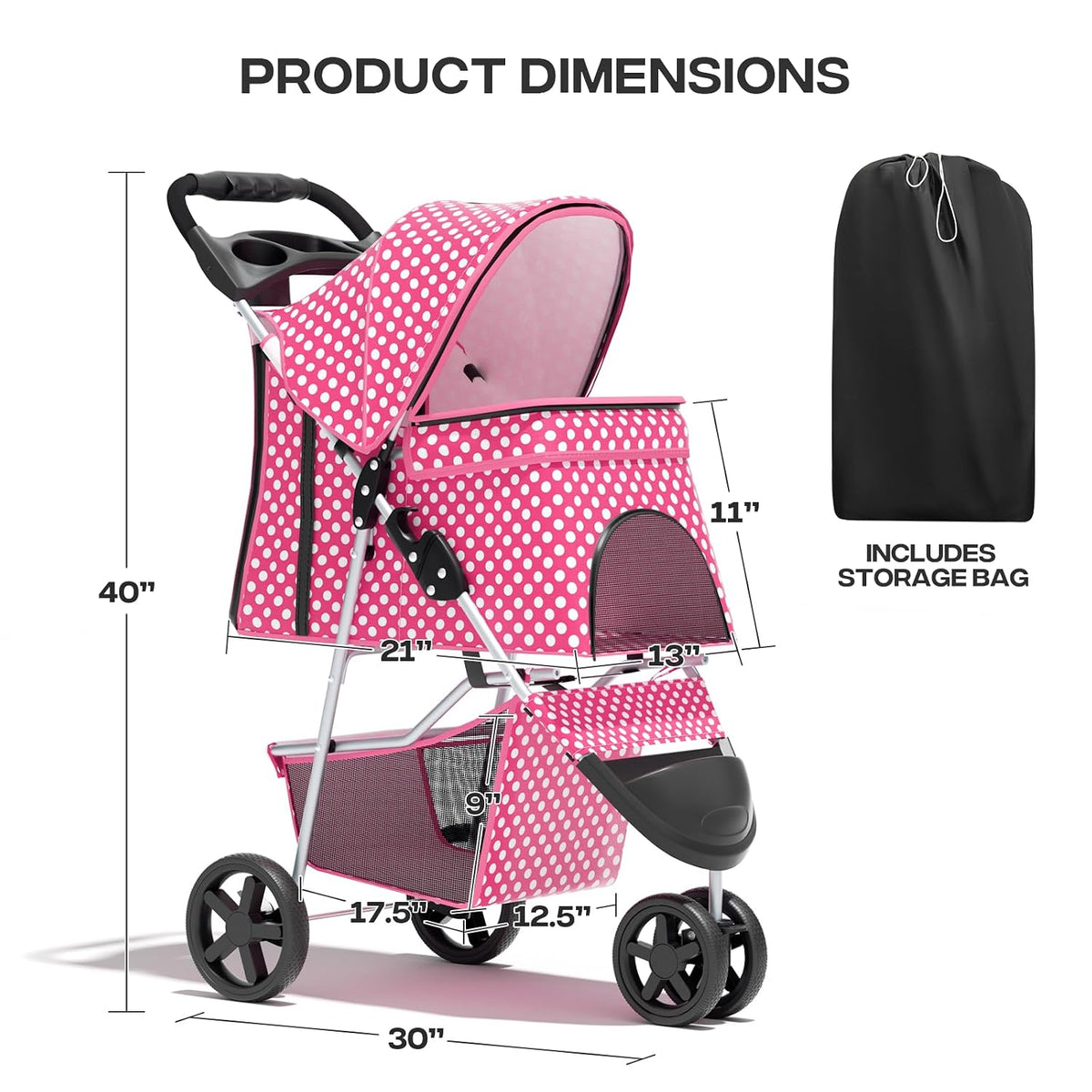 foldable 3-wheel pet stroller for dogs & cats showing dimensions