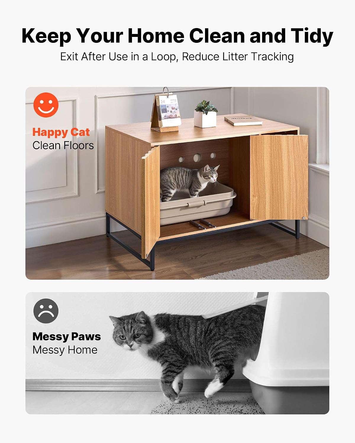 vevor cat litter box enclosure furniture, 31.5 in shown in use