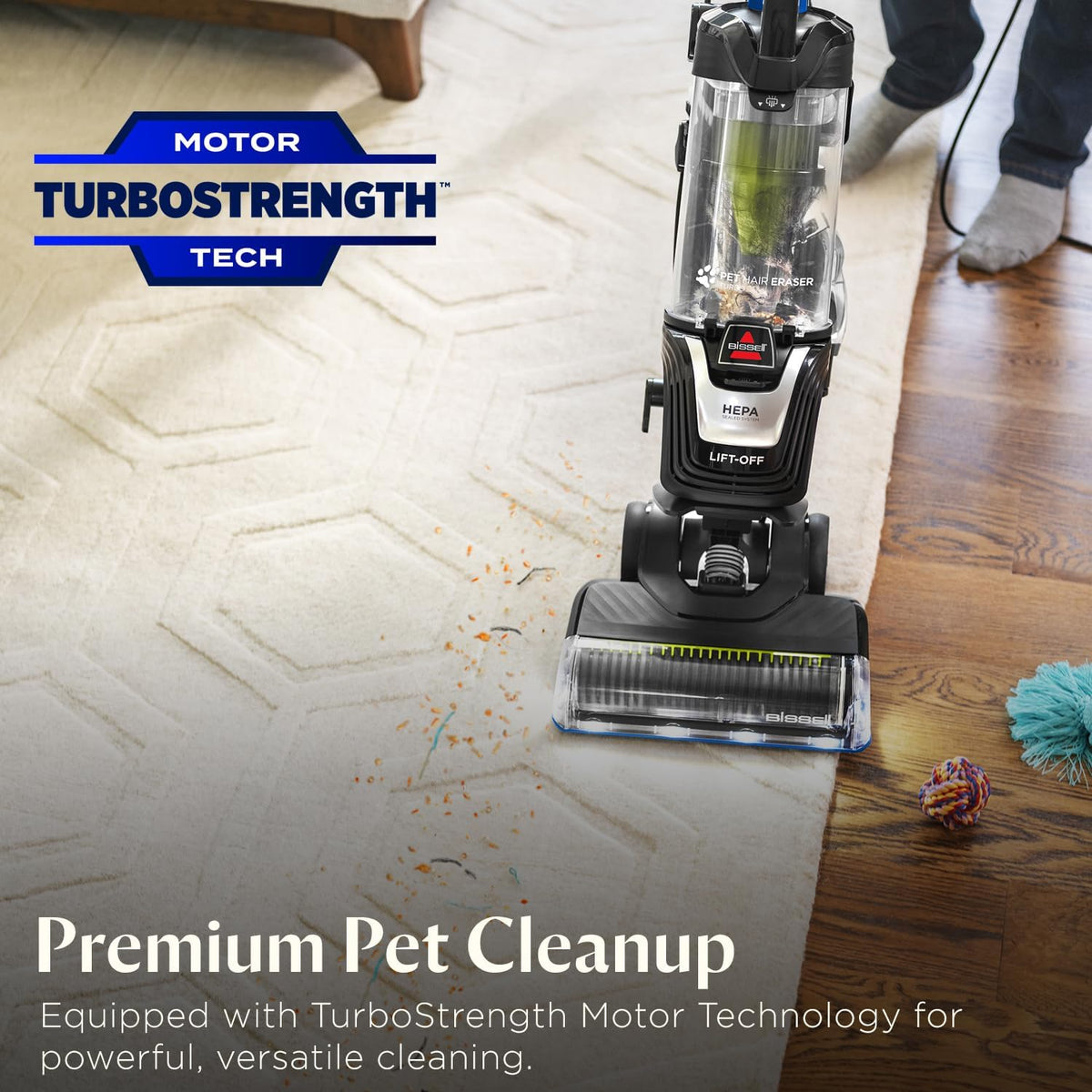 bissell pet hair eraser turbo lift-off vacuum, hepa shown in use