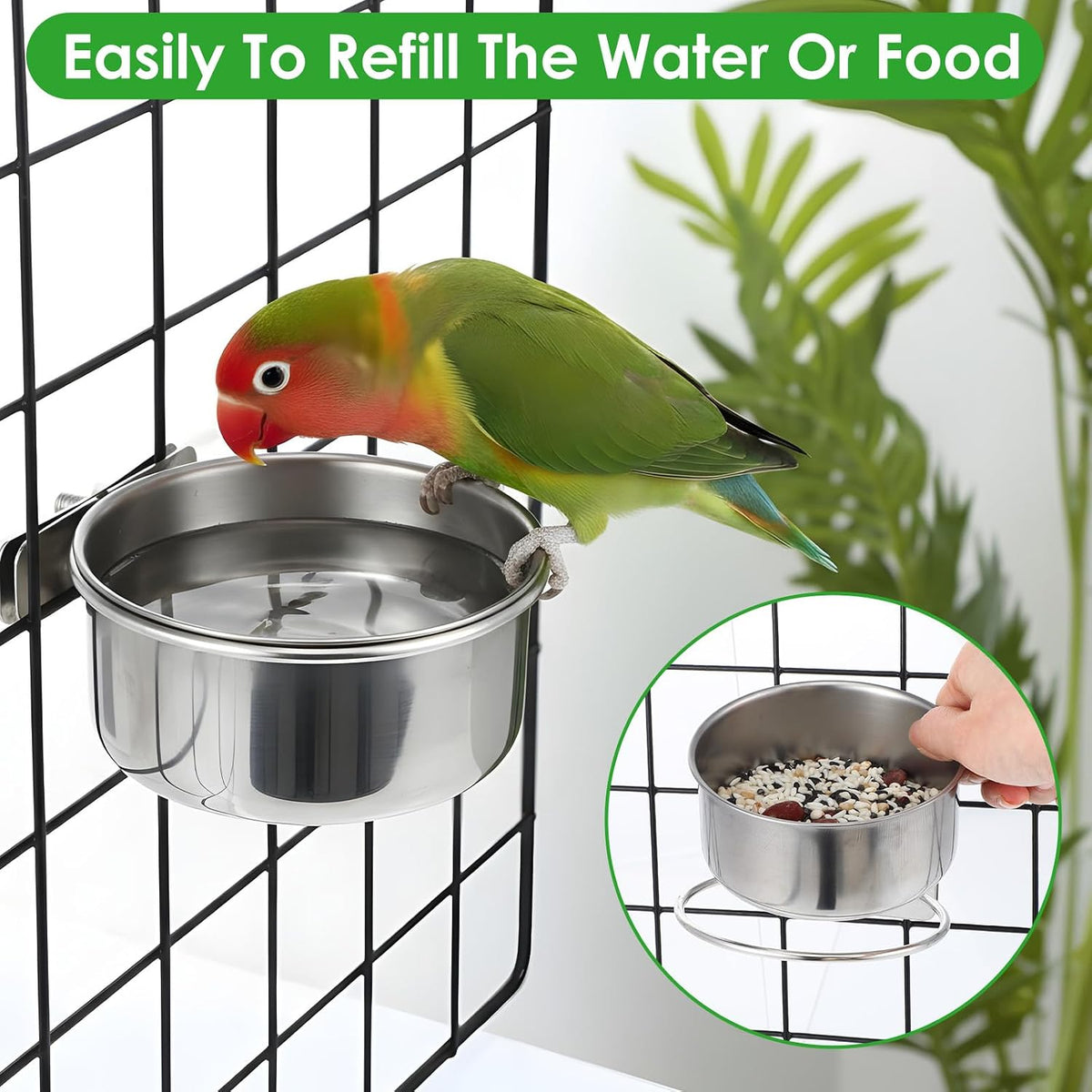 stainless steel bird food bowls with clamp holder showing dimensions