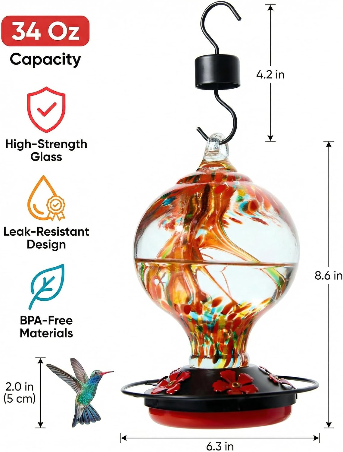 hummingbird feeder for outdoors, 34 oz hand-blown glass, side view