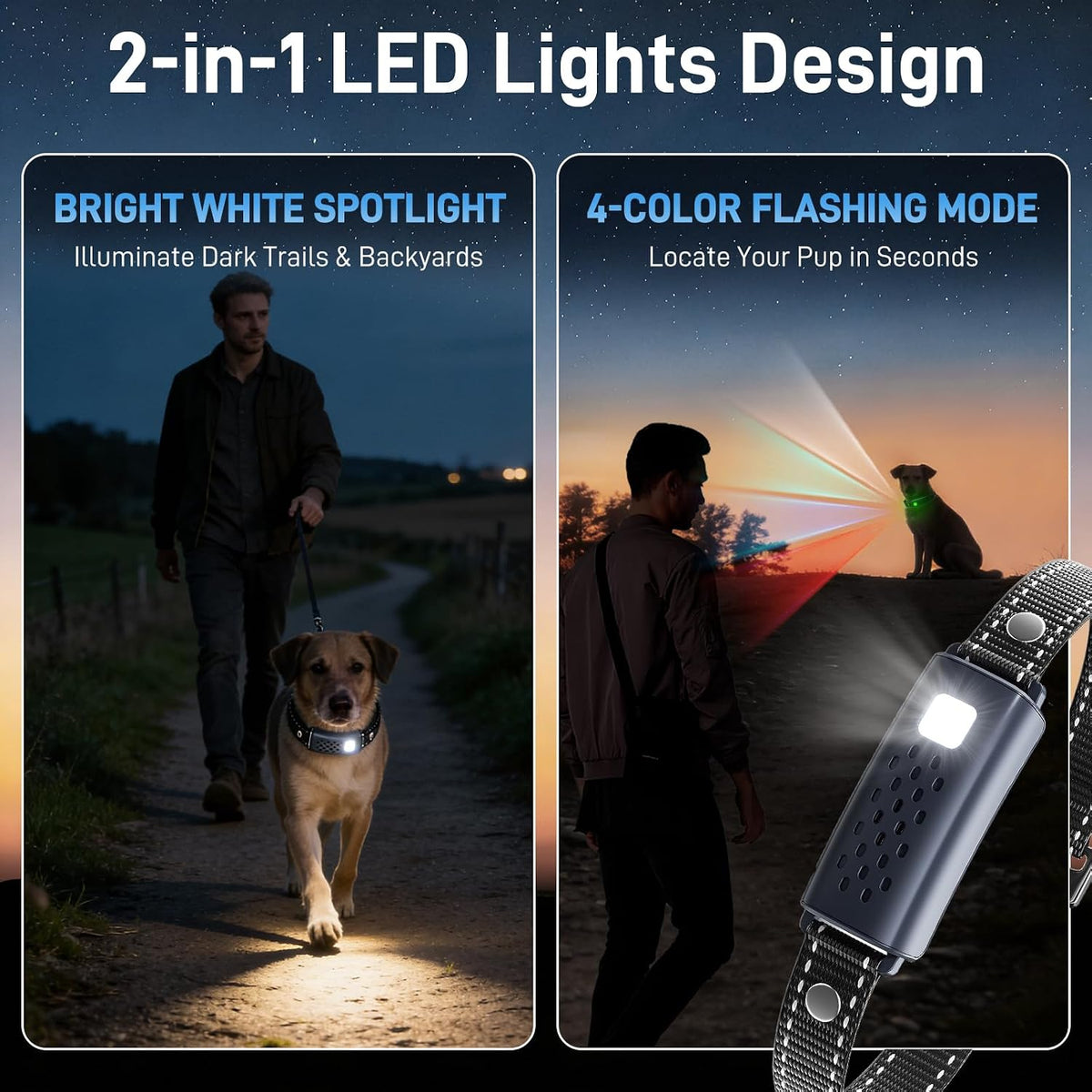 dog shock collar 2 dogs(15-150lbs) with flashing light, close-up detail