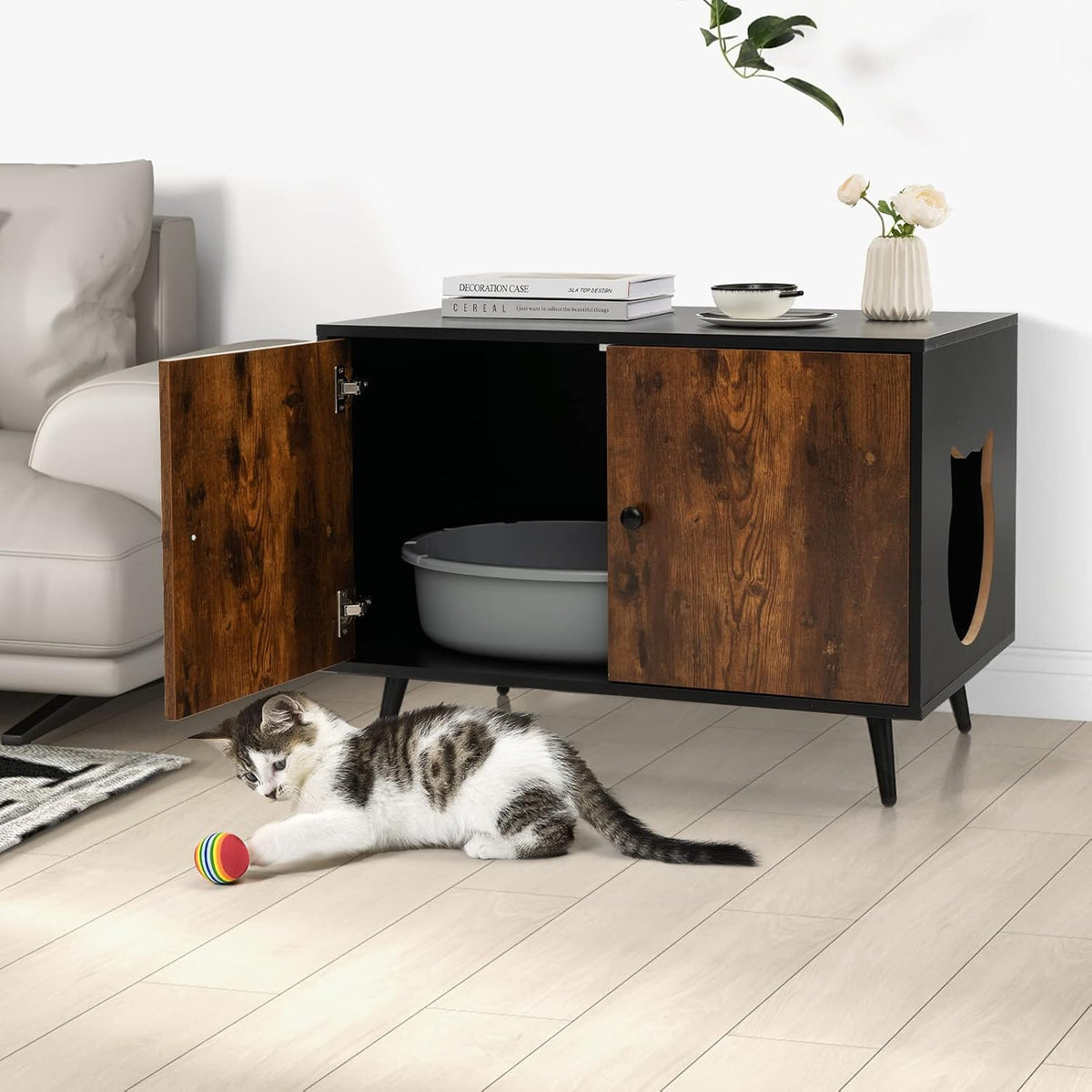 tangkula cat litter box enclosure, hidden cat washroom shown in use