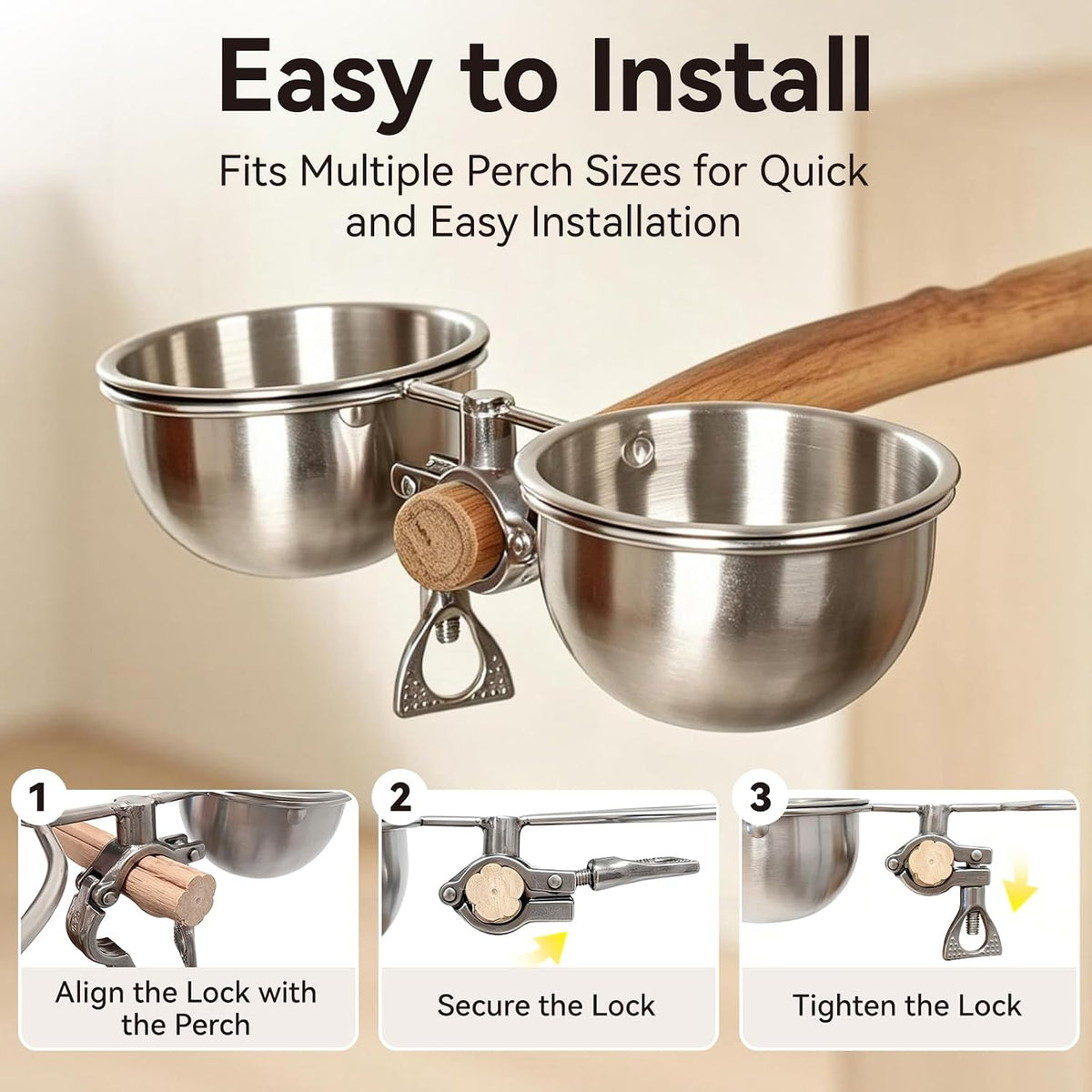 aotu snap-on anti-tip stainless steel bird food bowl showing dimensions