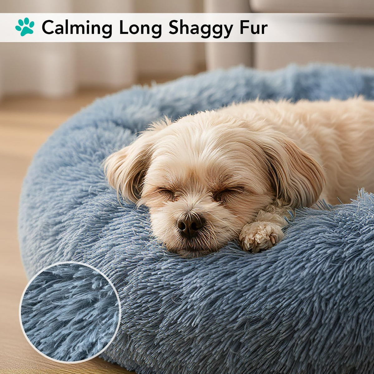 petami calming donut dog bed, washable faux fur, side view