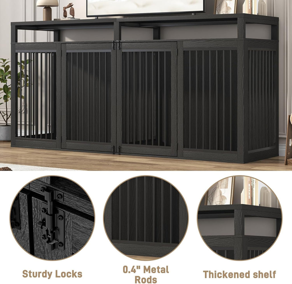 87in farmhouse dog crate tv stand, wooden dog, side view