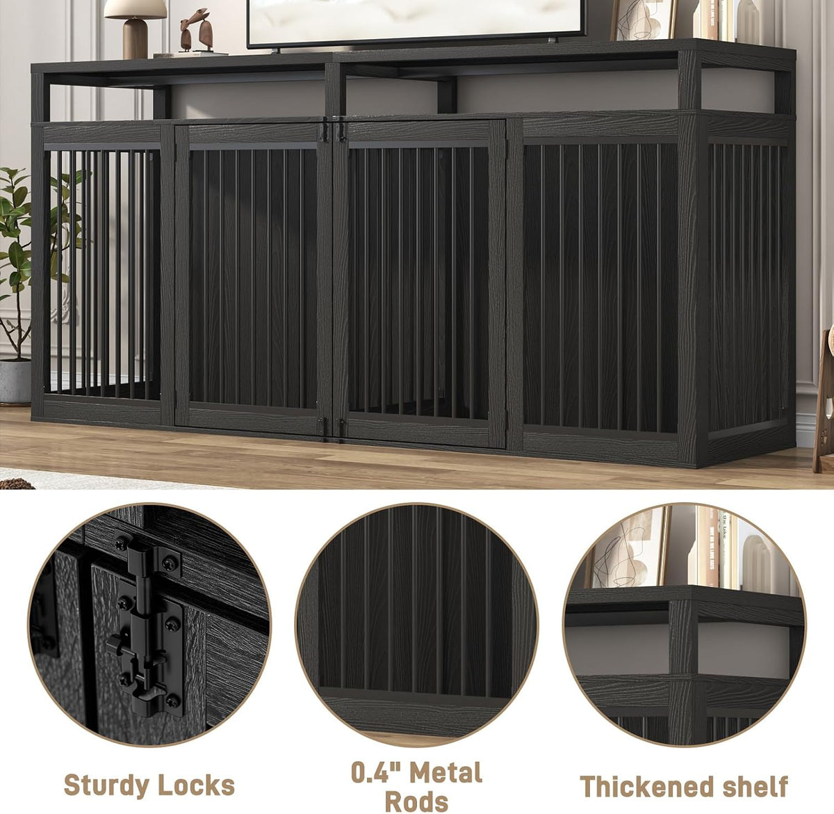 87in farmhouse dog crate tv stand, wooden dog, side view