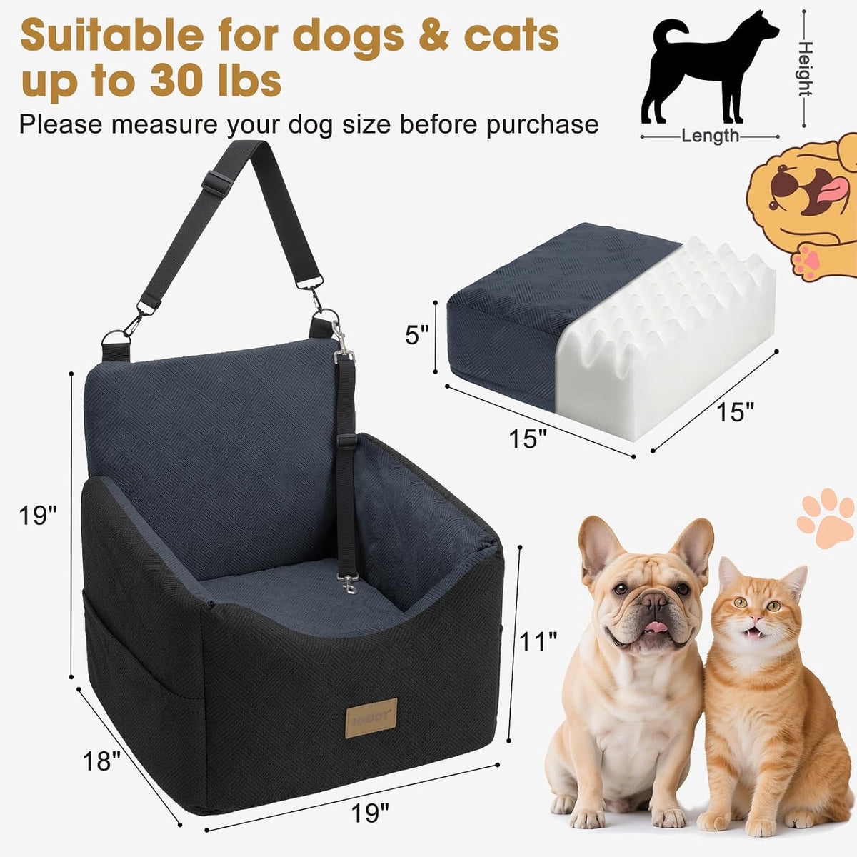 joejoy dog car seats for small medium dogs showing dimensions