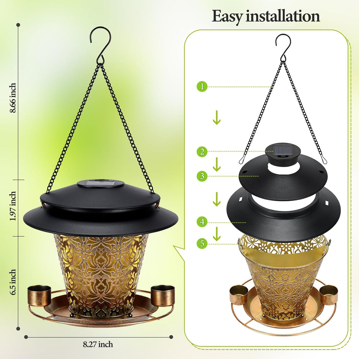 solar bird feeders for outside hanging metal wild shown in use
