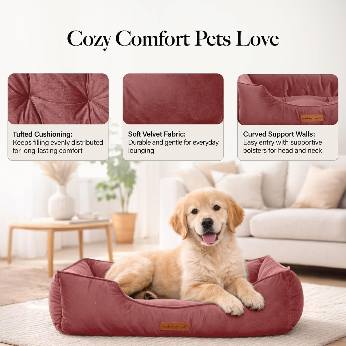 modern threads luxury dog bed - comfortable tufted, close-up detail