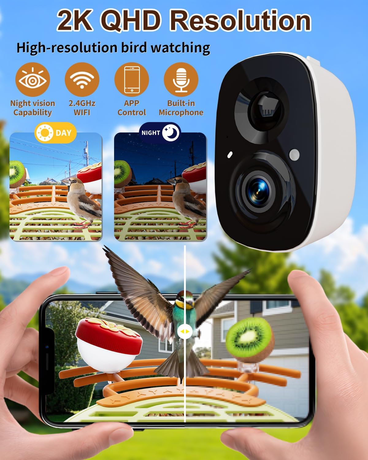 bird feeder with camera, 2k hd, ai recognition shown in use