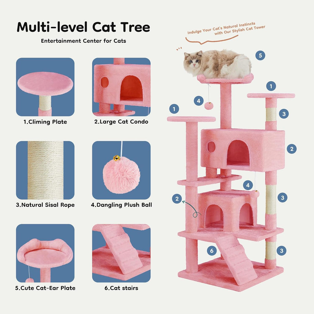 dumos 54-inch cat tree tower with scratching posts, front angle view