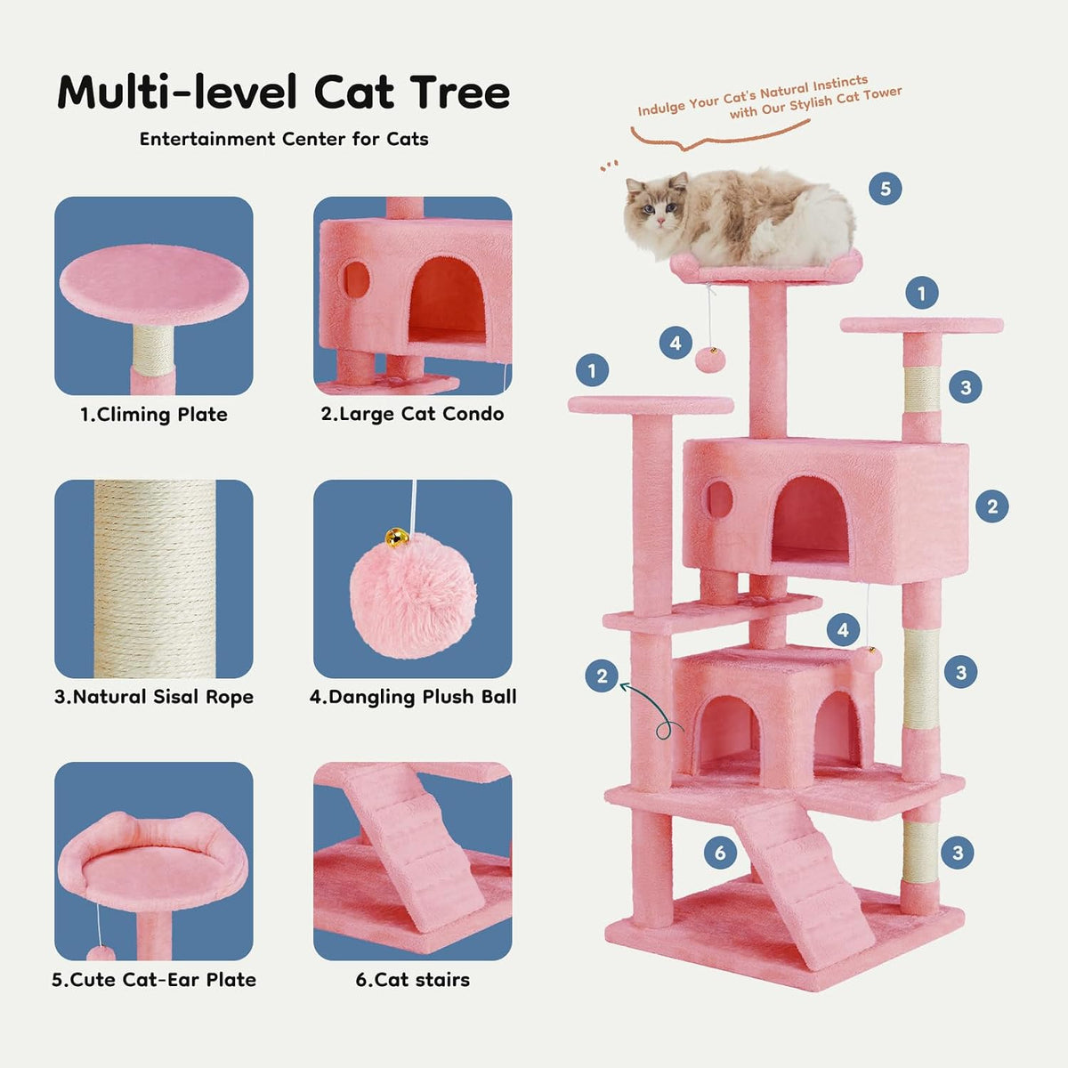 dumos 54-inch cat tree tower with scratching posts, front angle view