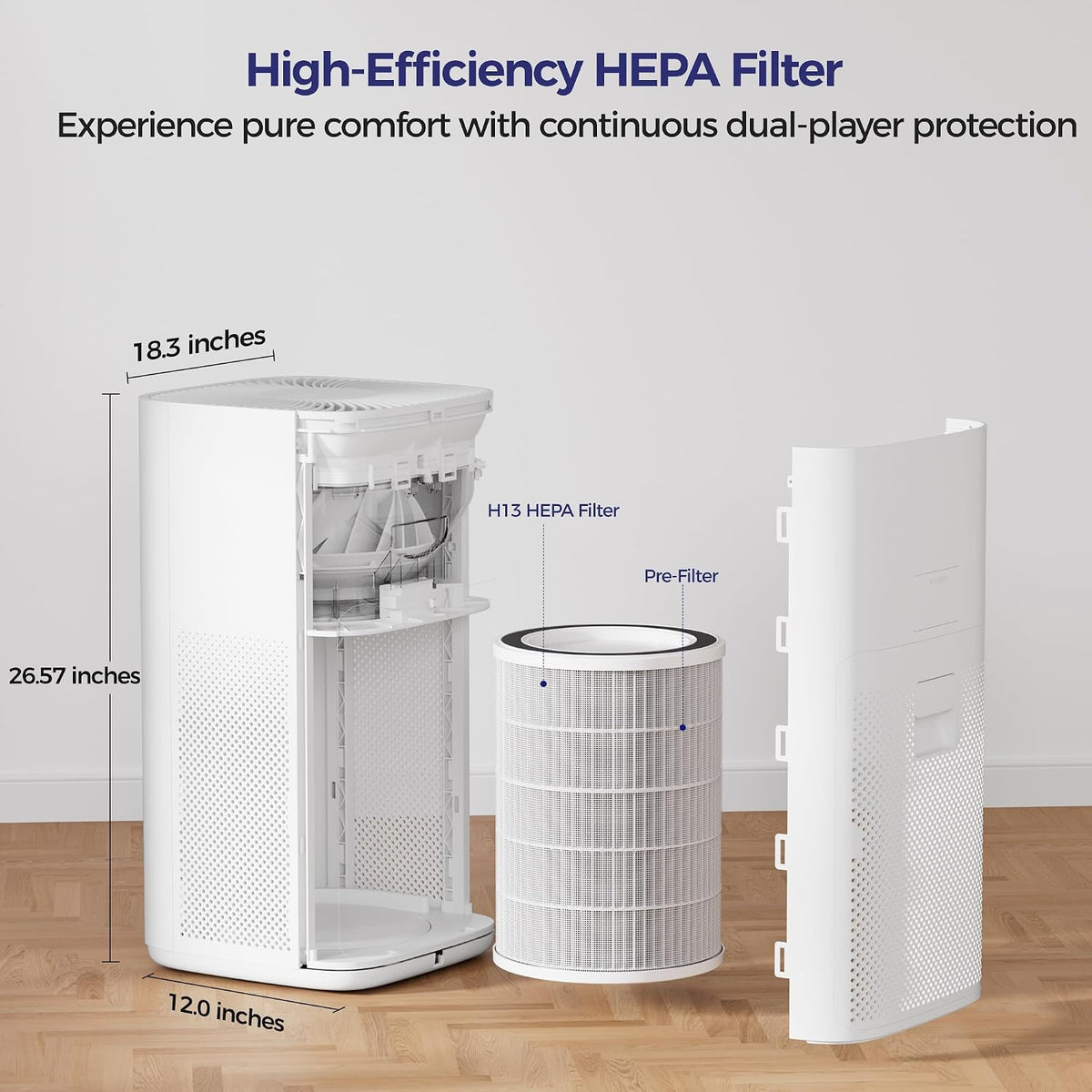 vusign air purifier for home large room & showing dimensions