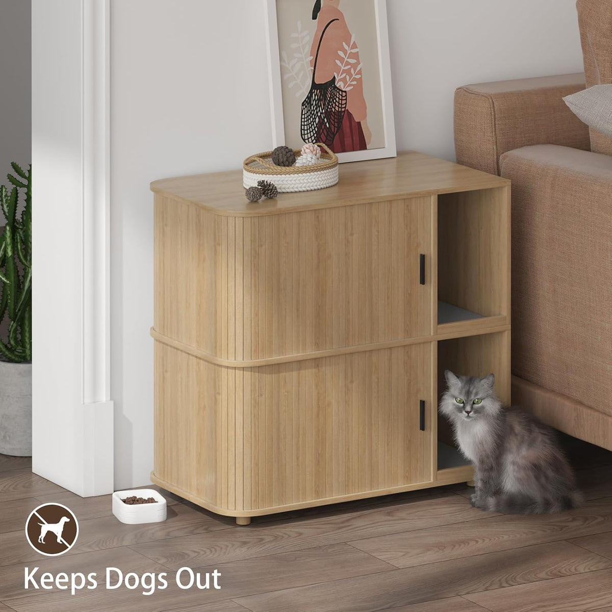 double cat litter box enclosure with sliding doors shown in use