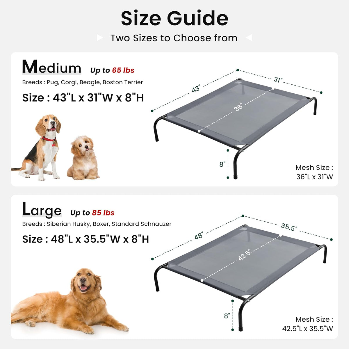 love's cabin elevated cooling dog bed for large, package contents