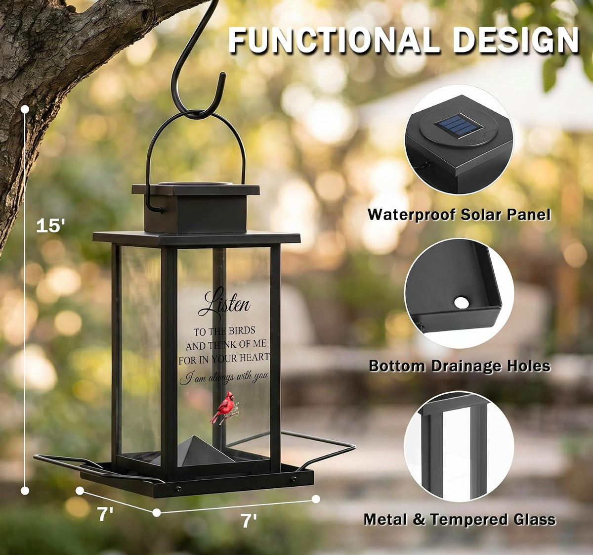 solar memorial bird feeder for outdoors, sympathy gifts, close-up detail