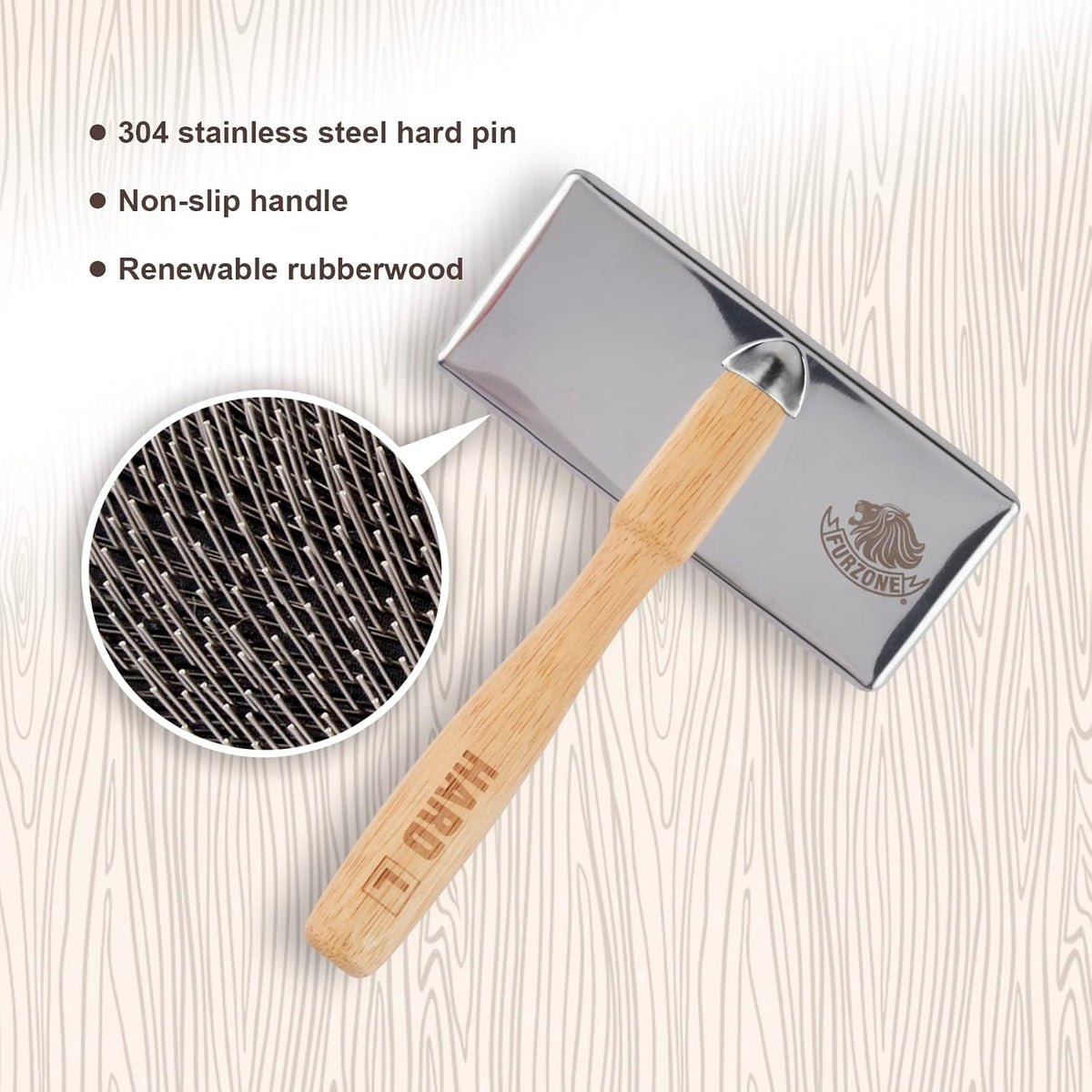 furzone wooden slicker brush - stainless steel hard, close-up detail