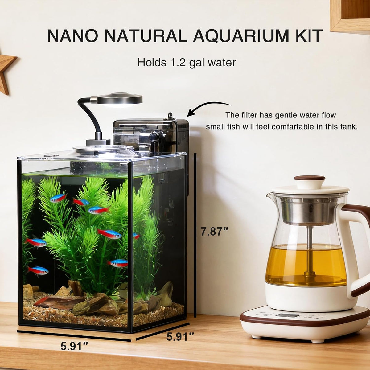 1.2 gallon betta fish tank starter kit, glass showing dimensions