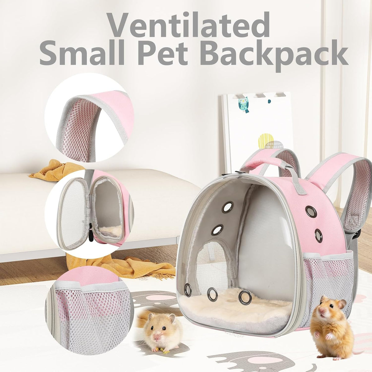small animal backpack carrier & ceramic hamster hideout, side view