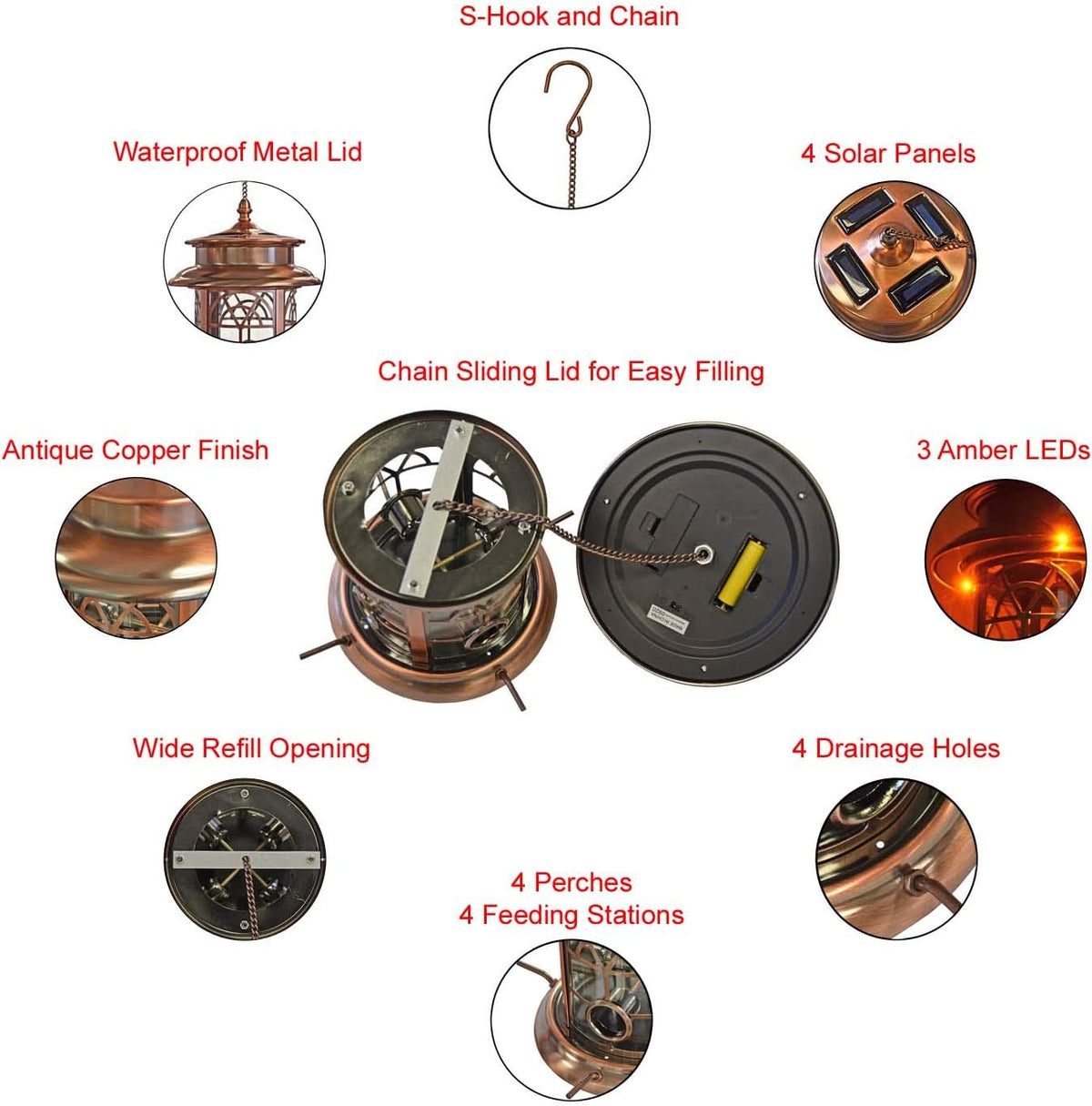 westcharm solar bird feeder for outdoors hanging | showing dimensions