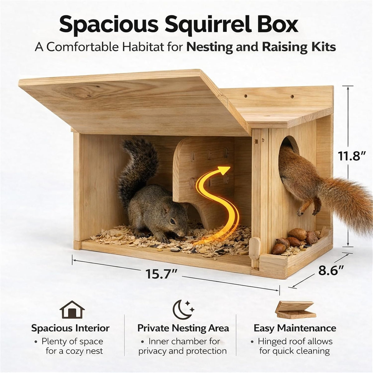 wooden squirrel house feeder with engraved design, outdoor shown in use