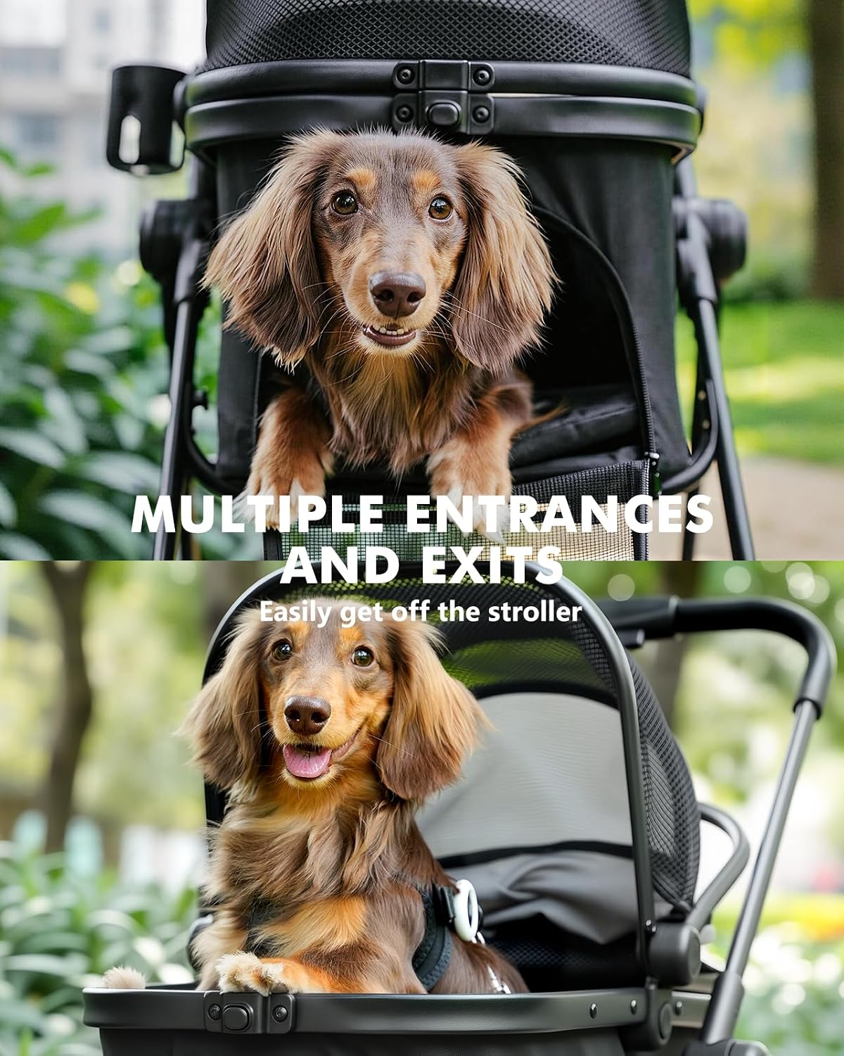 pet stroller for small dogs and cats, one-click shown in use