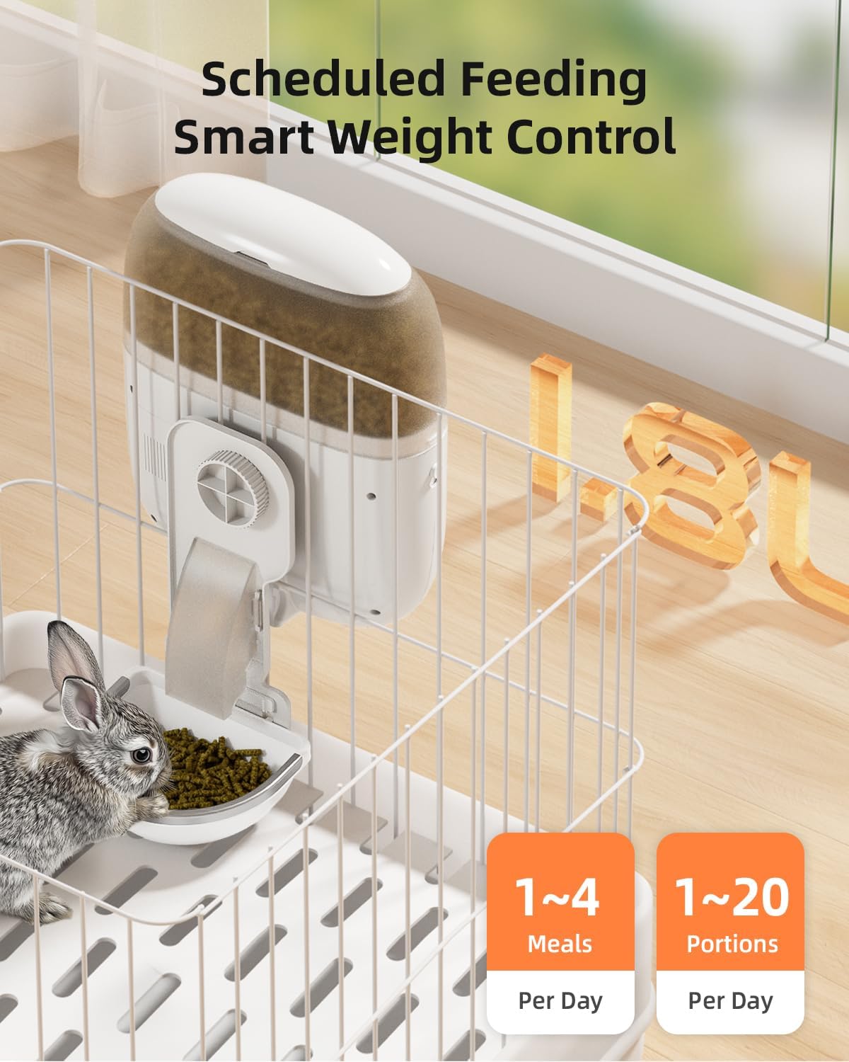 sandpoy hanging rabbit feeder for cage, programmable automatic shown in use