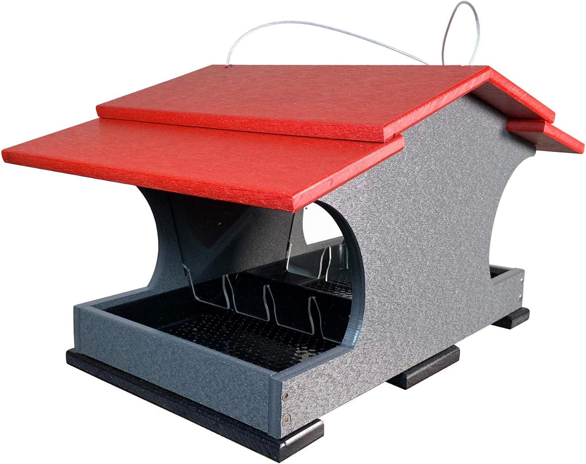 jcs wildlife large poly hopper bird feeder shown in use