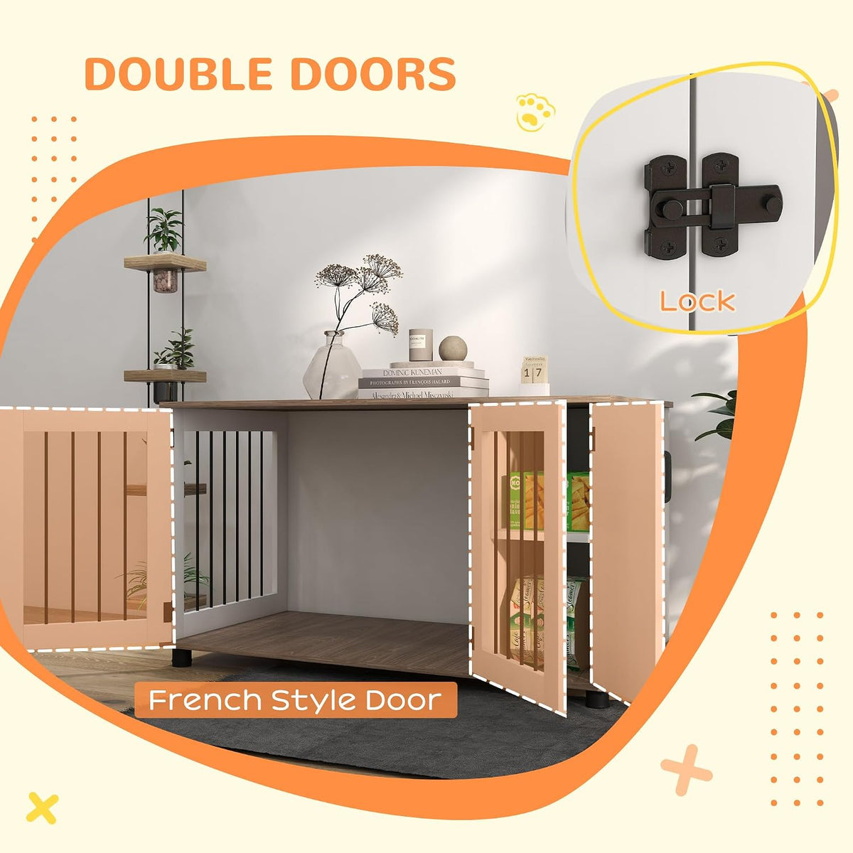 pawhut dog crate furniture with storage double doors showing dimensions
