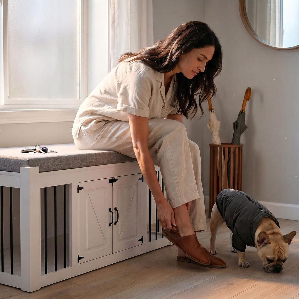 dog crate furniture with padded seat, luxury wooden shown in use