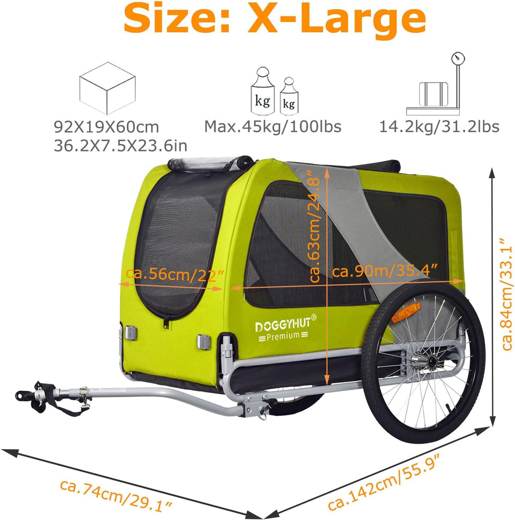 doggyhut® premium xl pet bike trailer, up to showing dimensions
