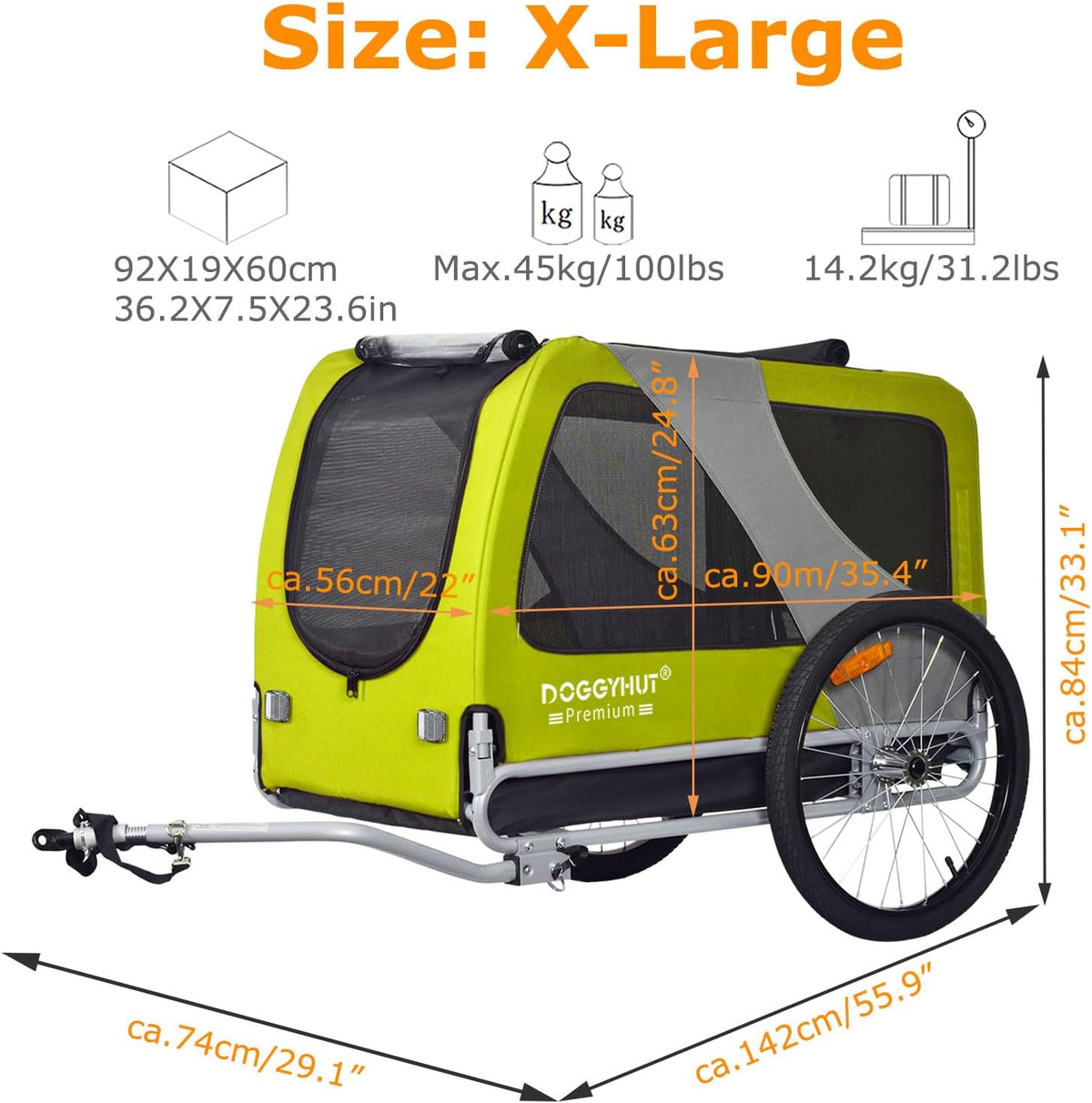doggyhut® premium xl pet bike trailer, up to showing dimensions