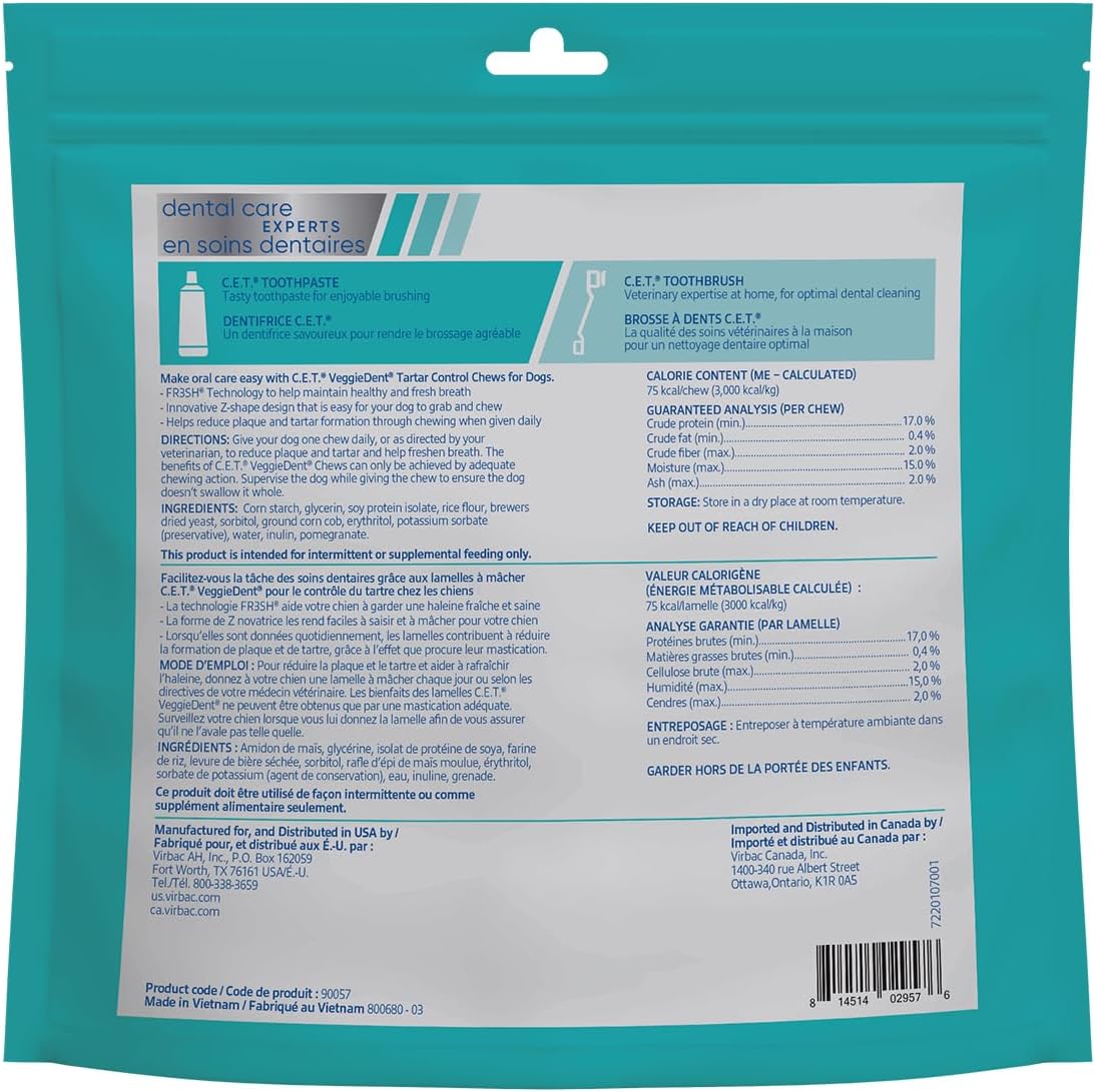 c.e.t. veggiedent fr3sh plaque and tartar control chews shown in use