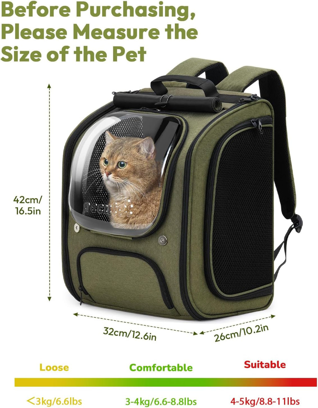 pecute cat backpack carrier,large space cat bubble backpack,ergonomic,green, view 9